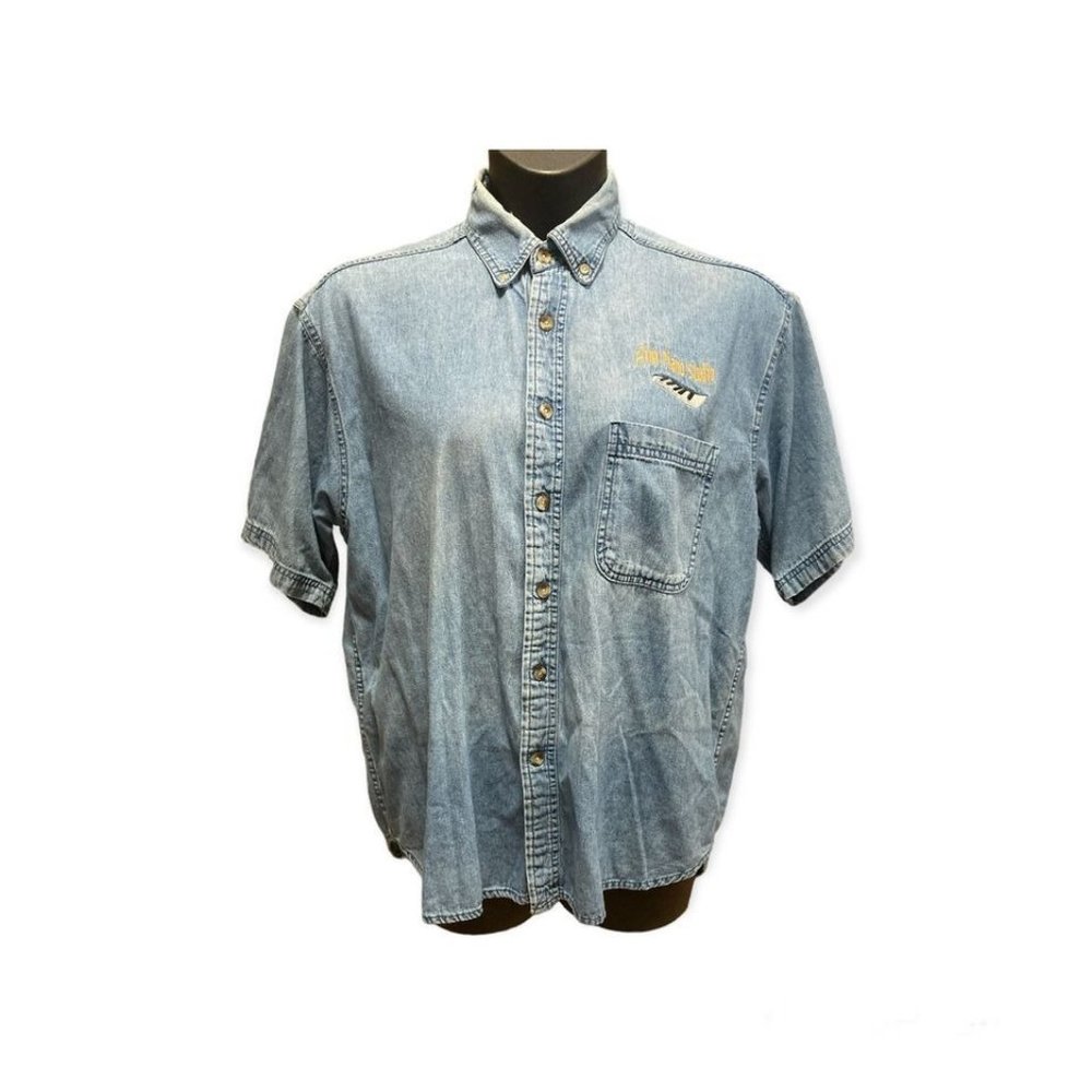 Vintage 80s 90s Piano Keyboard Faded Denim Jean Button Down Short Sleeved Shirt